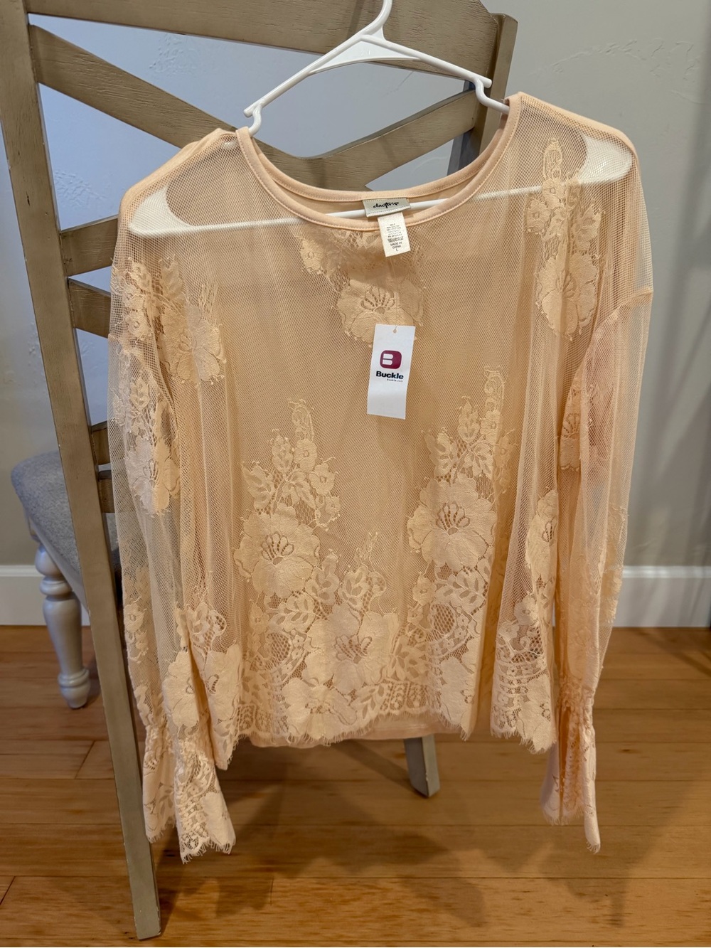 Buckle Sheer Floral Lace Long Sleeve Top - Blush
